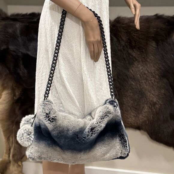 Gray Gradient Real Rex Rabbit Fur Soft Slouchy Bag/Crossbody & Fur Balls Charm - Picture 15 of 17